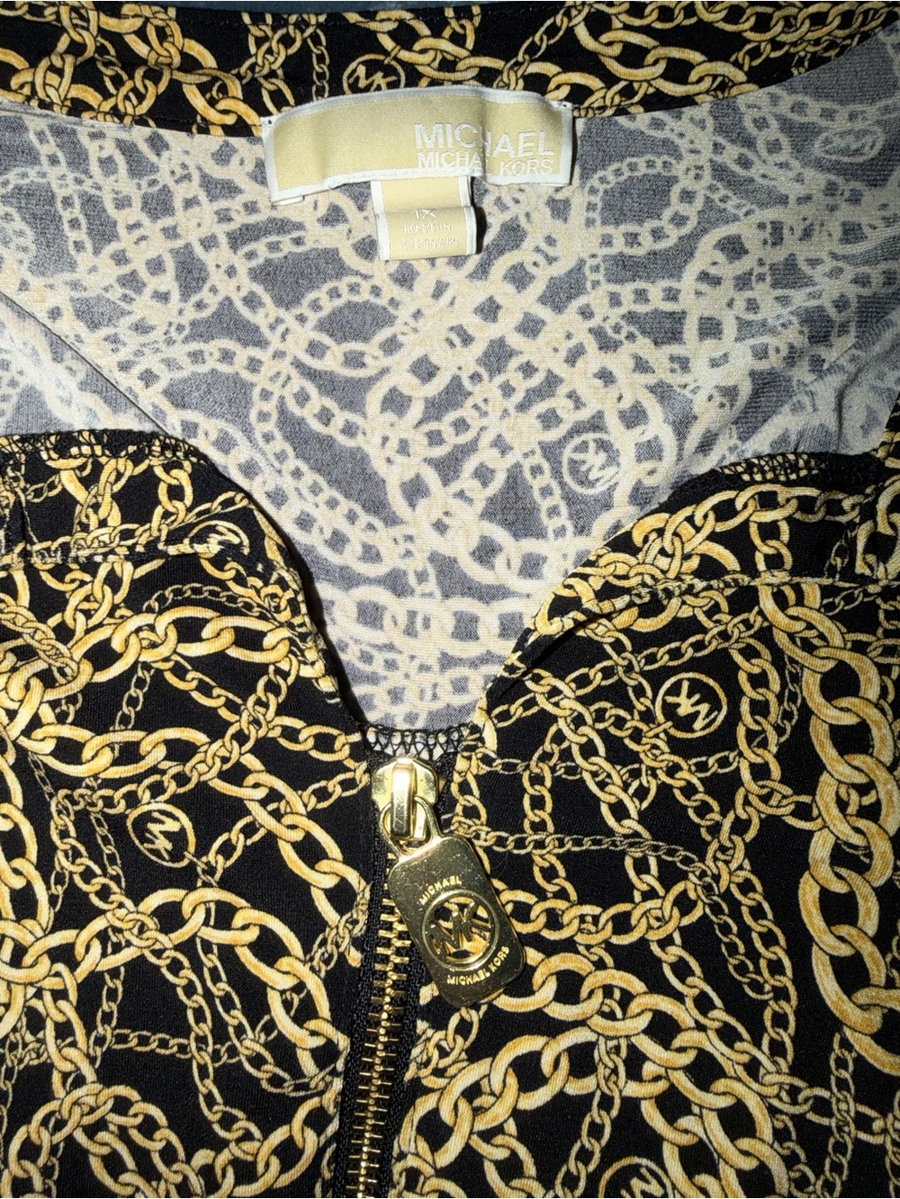 MICHAEL Michael Kors Black with Gold Chain Print Zip top